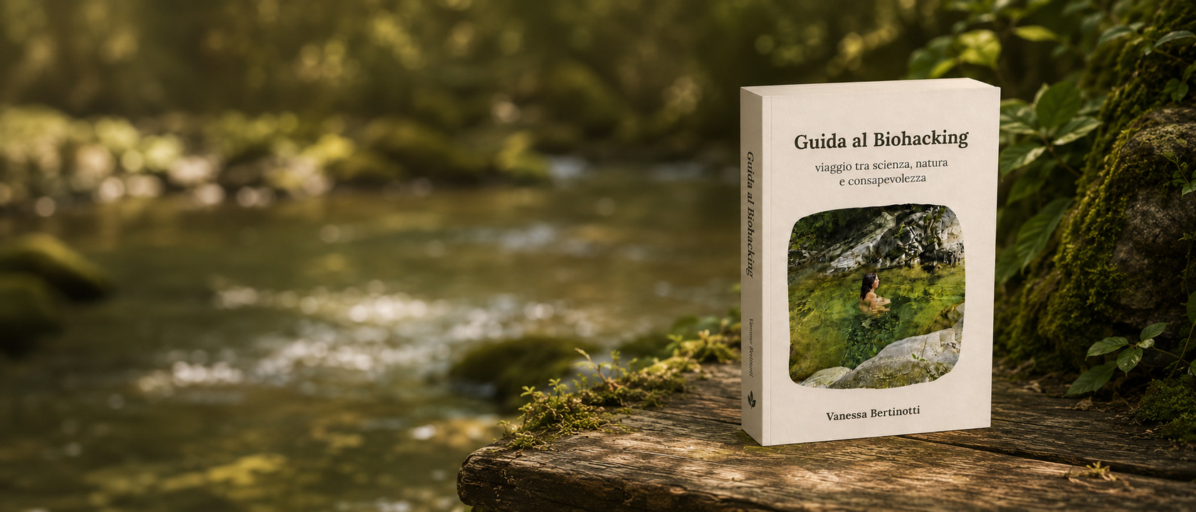 Il libro Guida al Biohacking di Vanessa Bertinotti appoggiato su un tronco accanto a un torrente