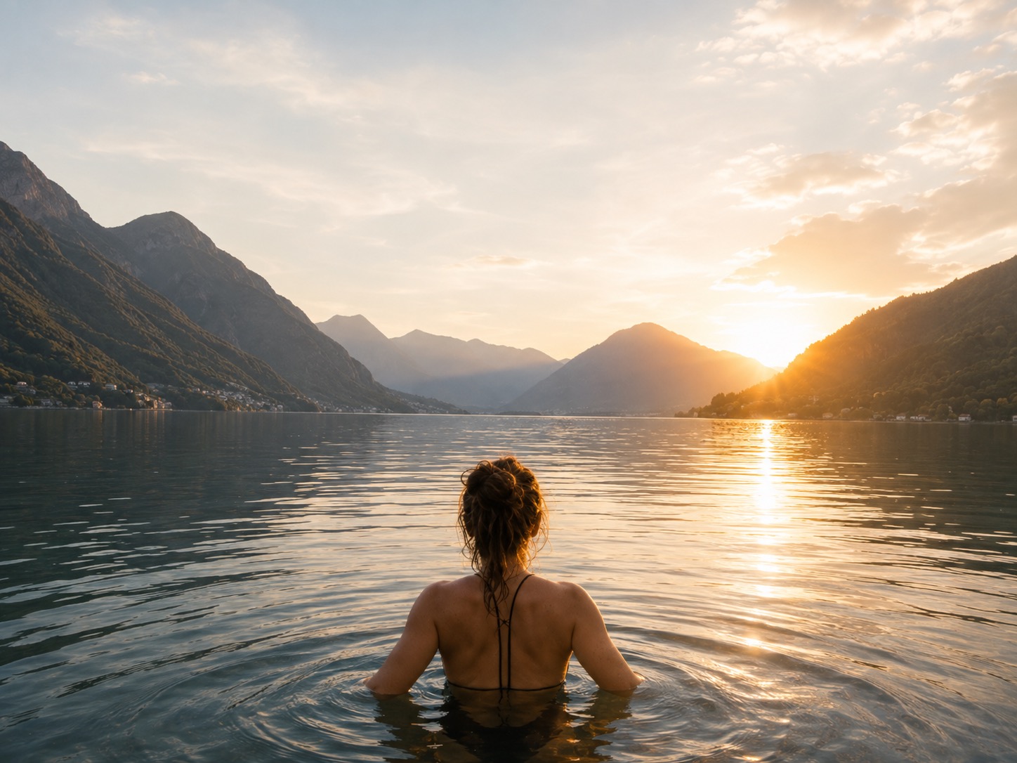 Una donna immersa fino alla vita in un lago di montagna al tramonto
